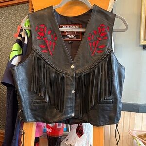 Women's Black Leather Vest with Red Rose Embroidery